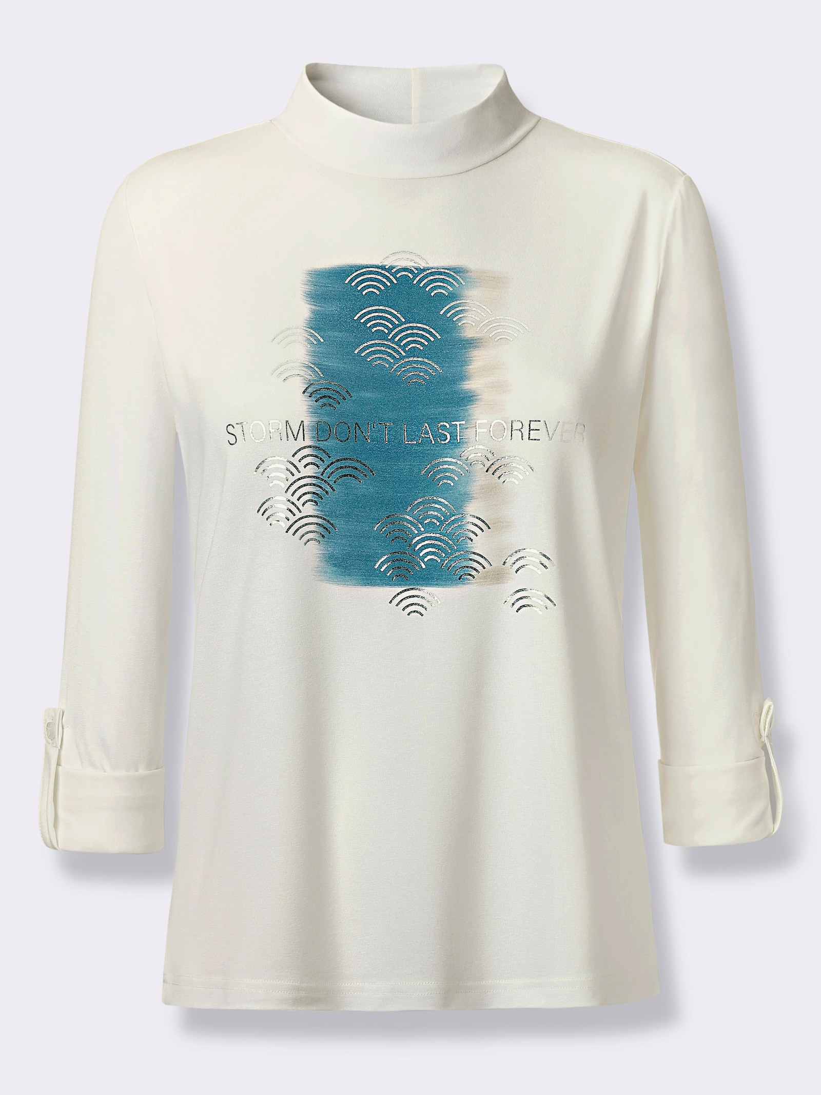 Shirt mit Krempelärmel - ecru-ozean-bedruckt