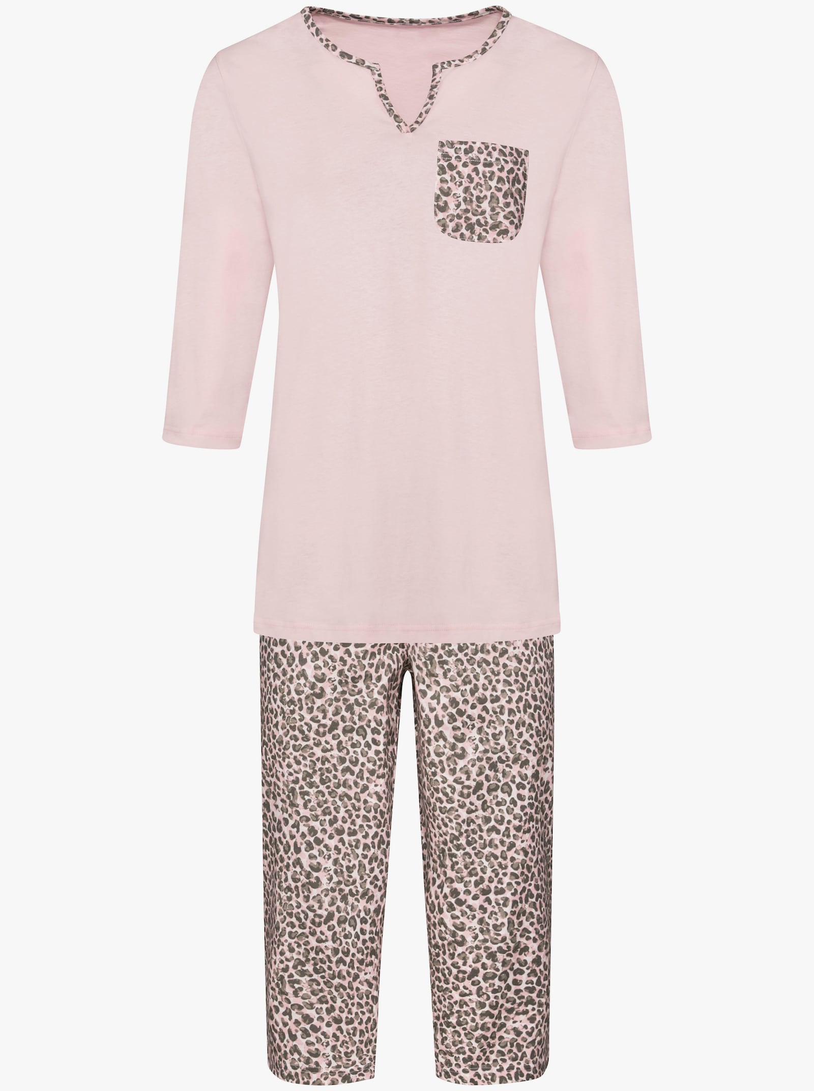 Pyjamas med capribyxa & leopardmönsterdetaljer - ljusrosa-grå, tryckt
