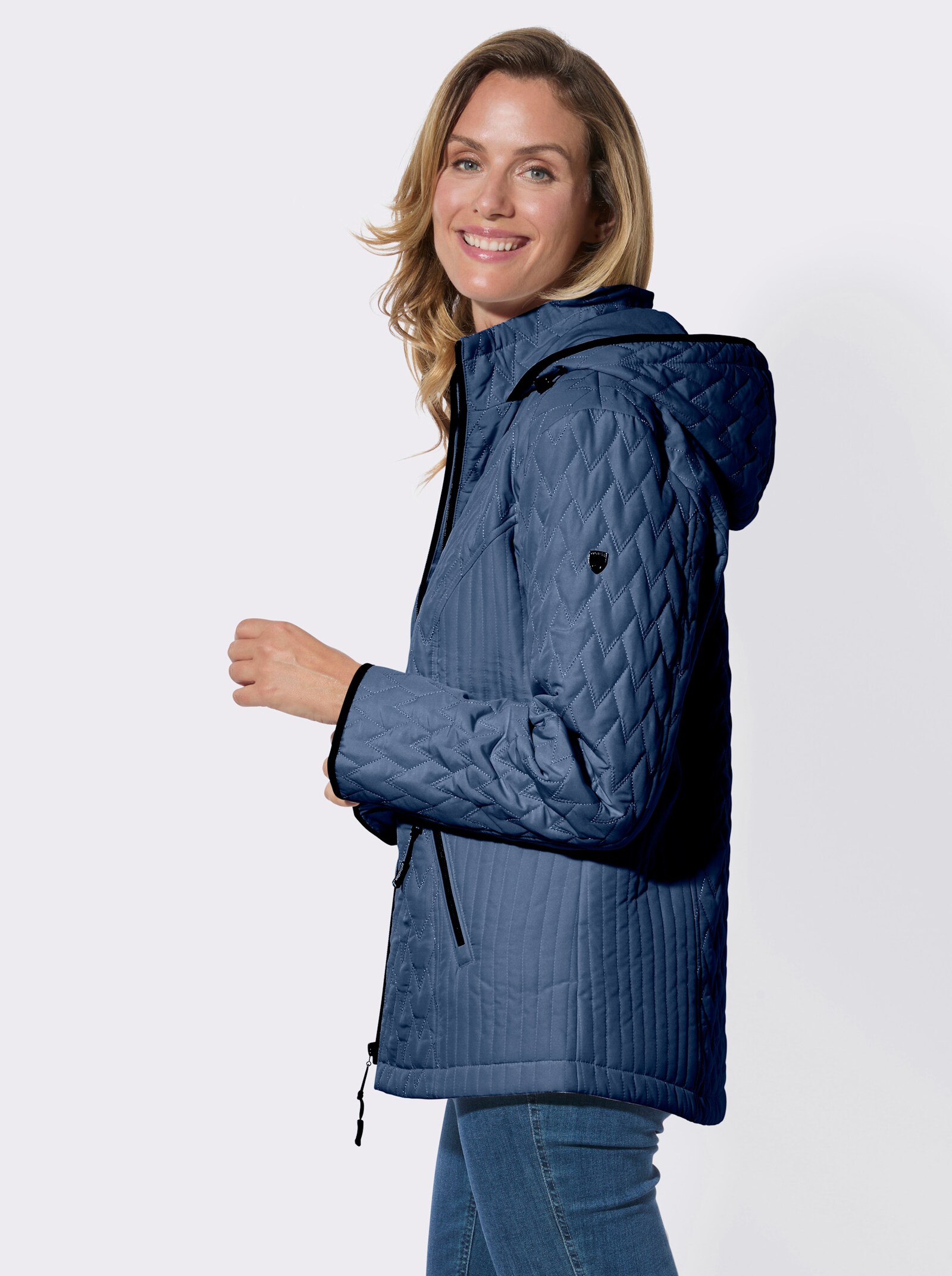 Steppjacke mit Kapuze und Stehkragen - jeansblau