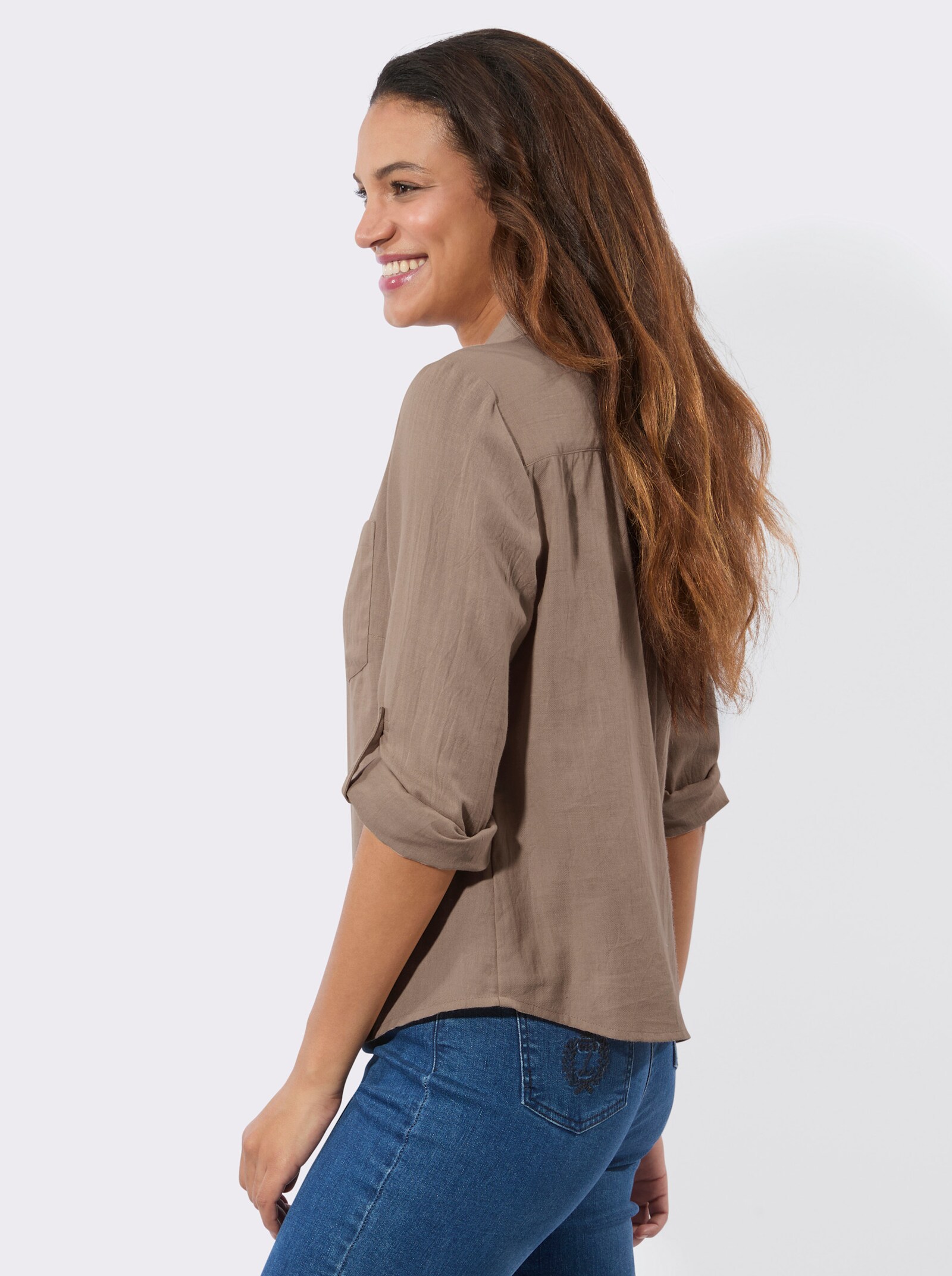 Flanellbluse mit Karomuster-Details - beige