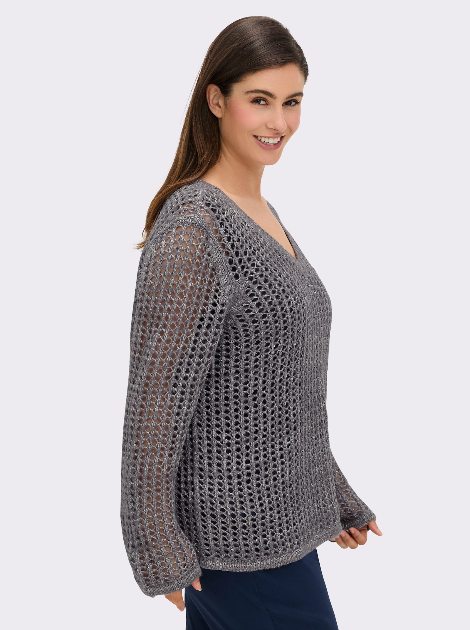 sheego Pullover mit Ajourmuster - anthrazit