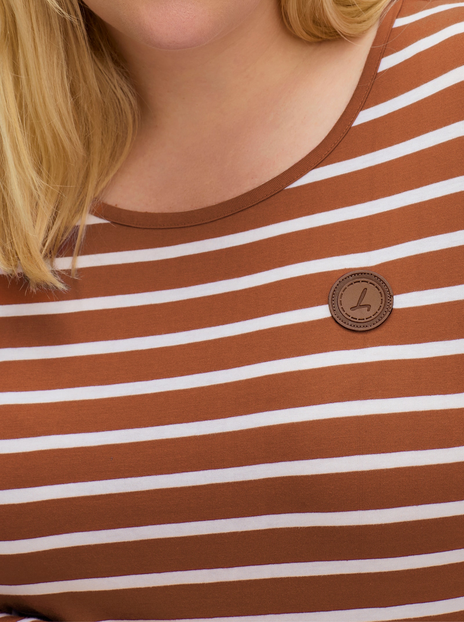 Ringelshirt mit Lederimitat-Patches - cognac-ecru-gestreift