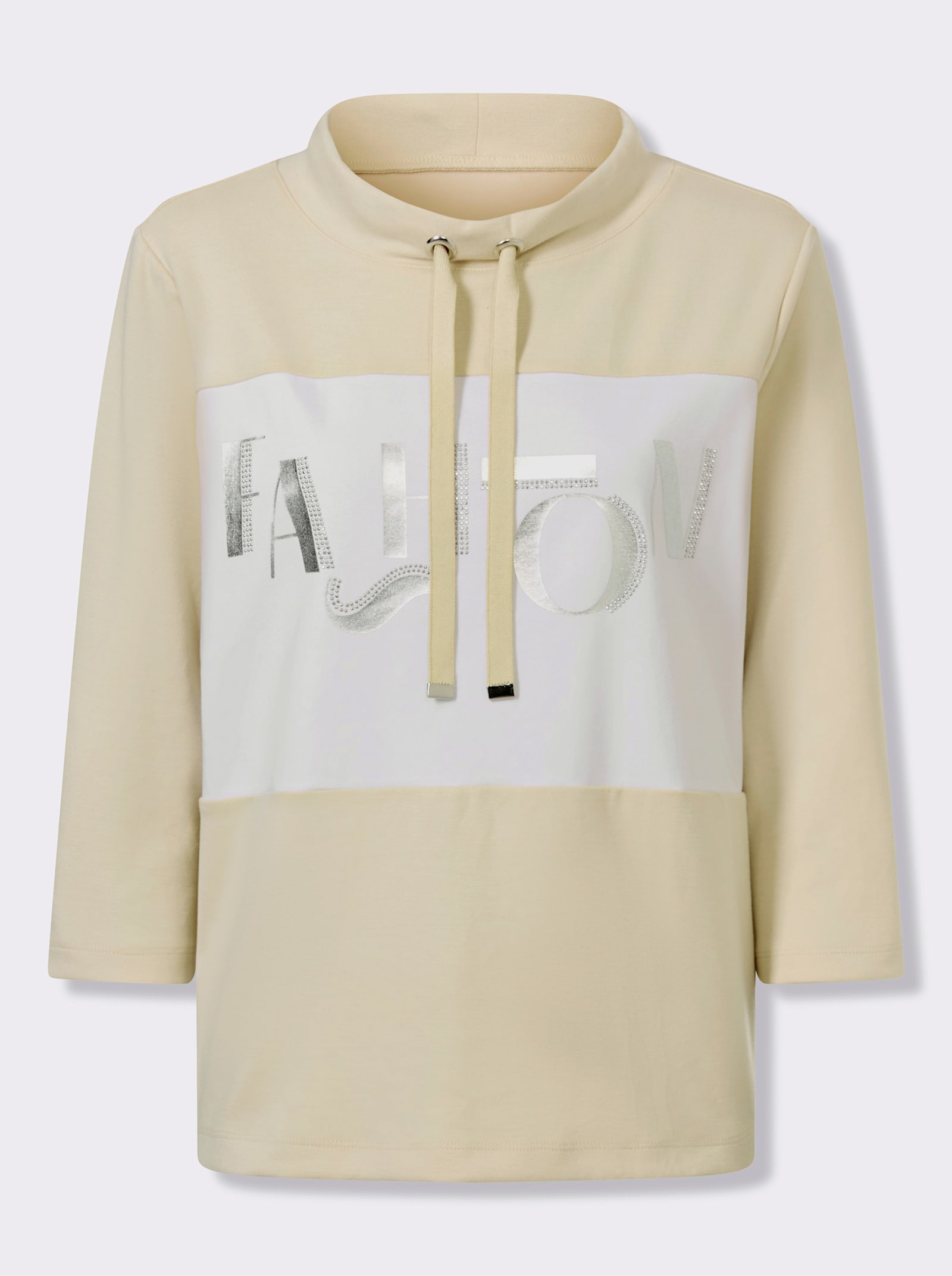 Sweatshirt mit Folienprint-Schriftzug - sand-weiß-geringelt
