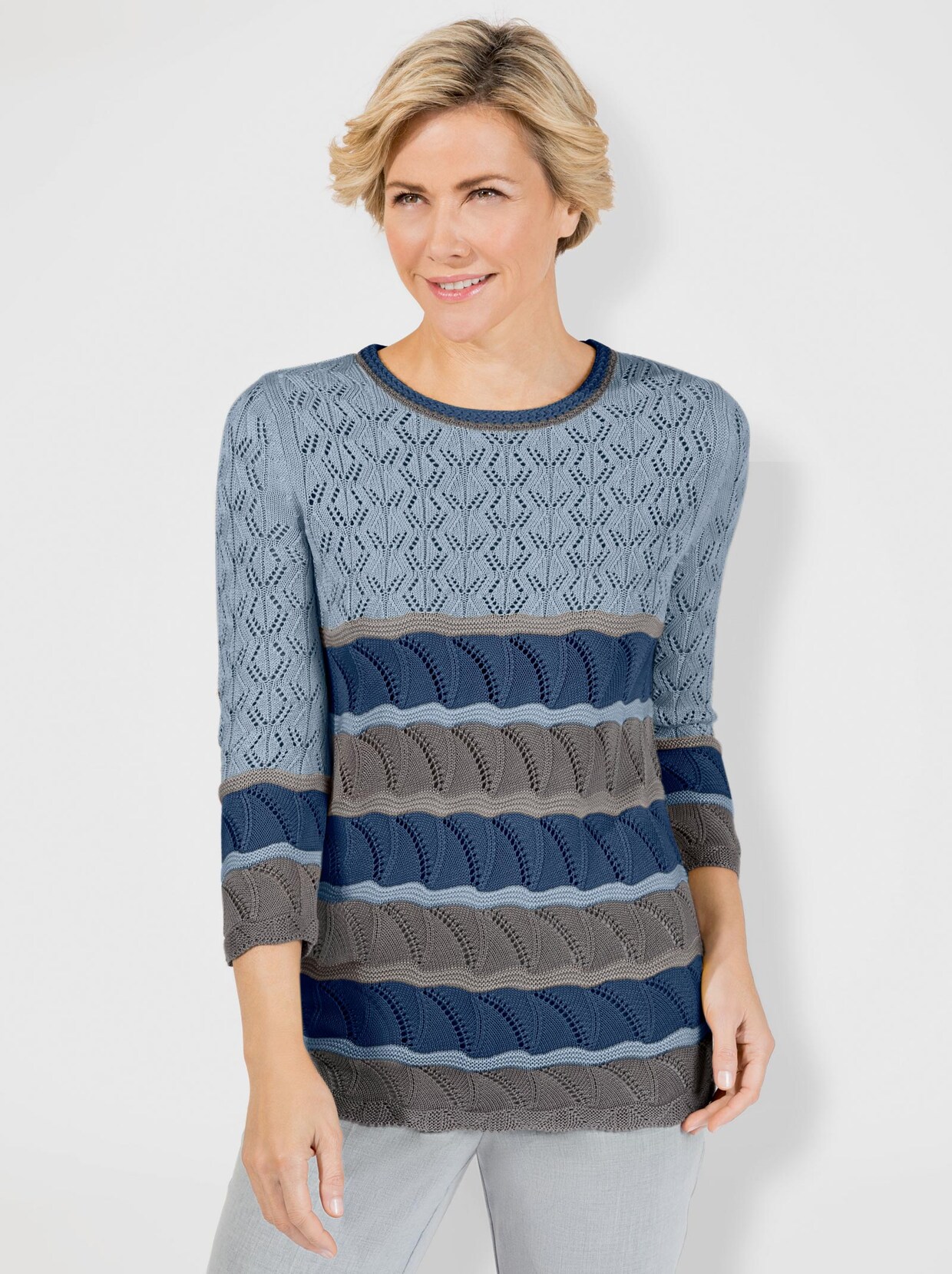 Pullover met 3/4-mouwen - lichtblauw/grijs gedessineerd
