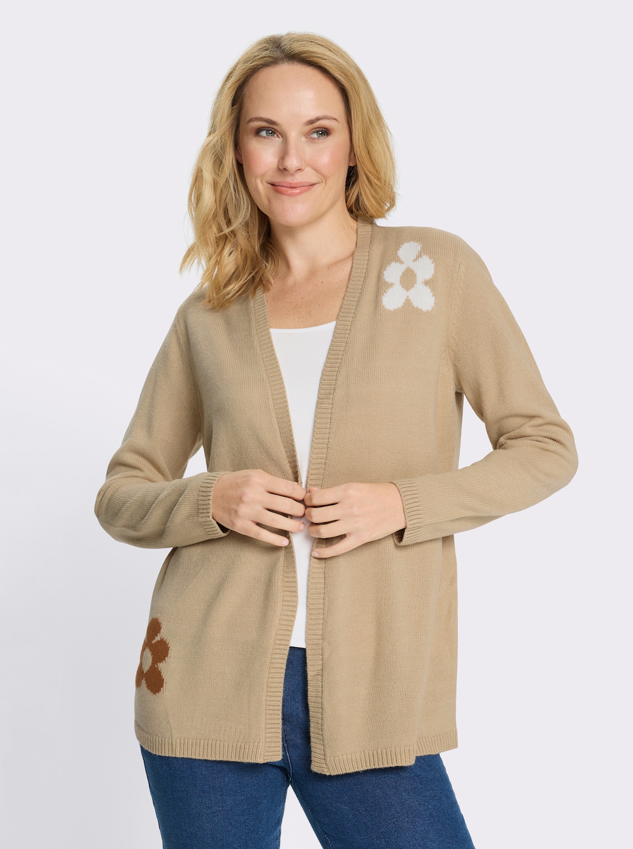 Strickjacke im floralen Dessin - beige-ecru