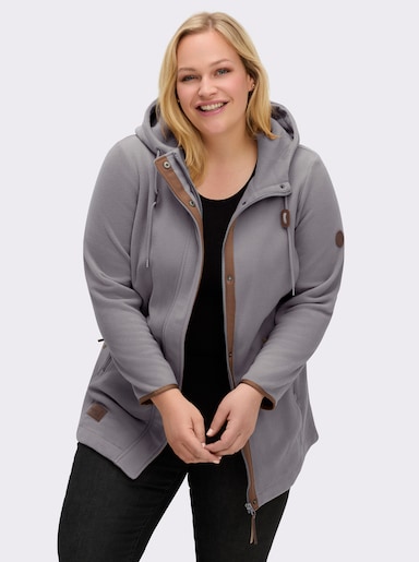 Kapuzenfleecejacke mit verdecktem Reißverschluss - steingrau-meliert