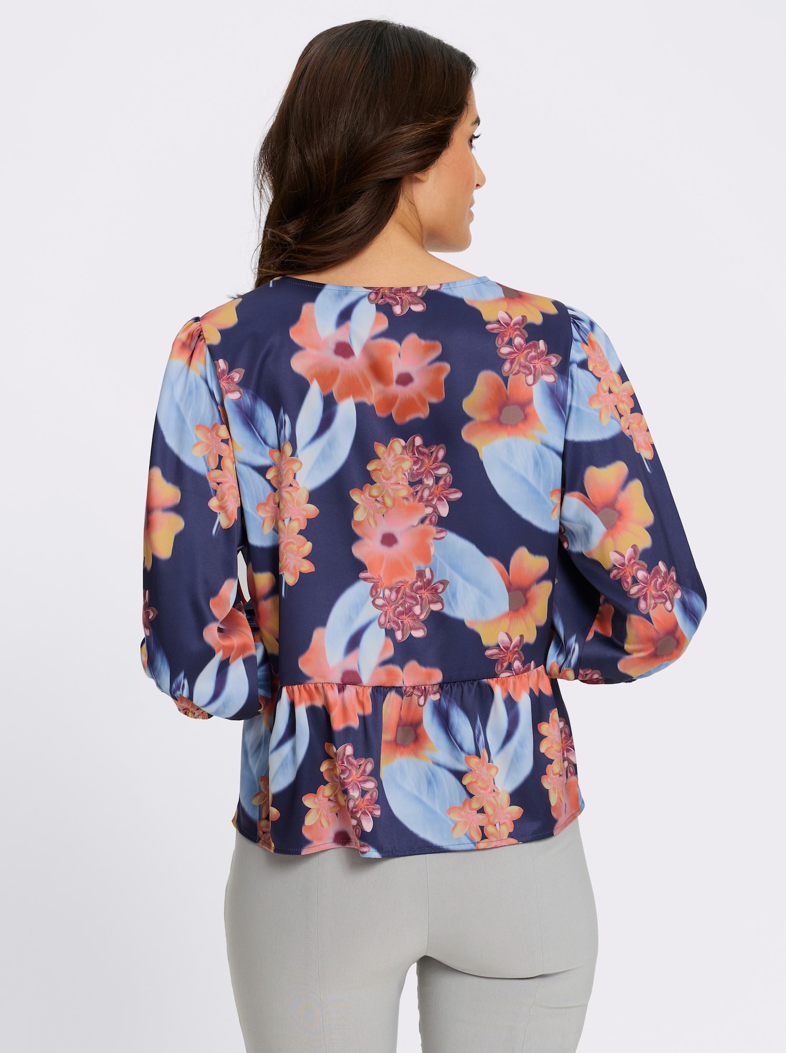 Druckbluse in Satin-Qualität - marine-papaya-bedruckt