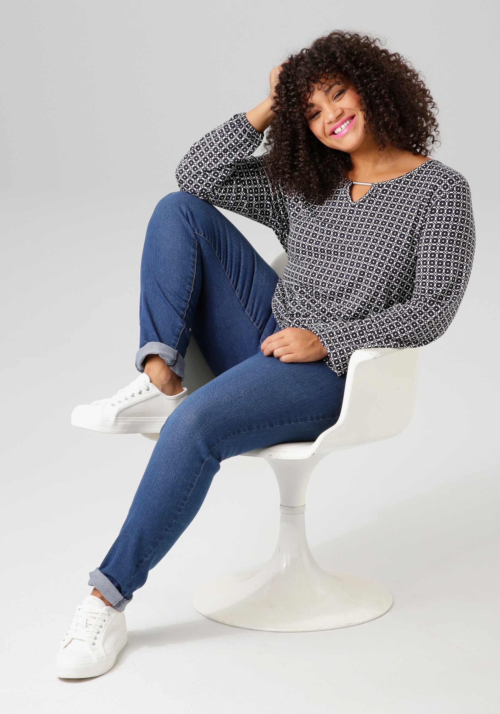 Aniston PLUS Langarmshirt - schwarz-weiß