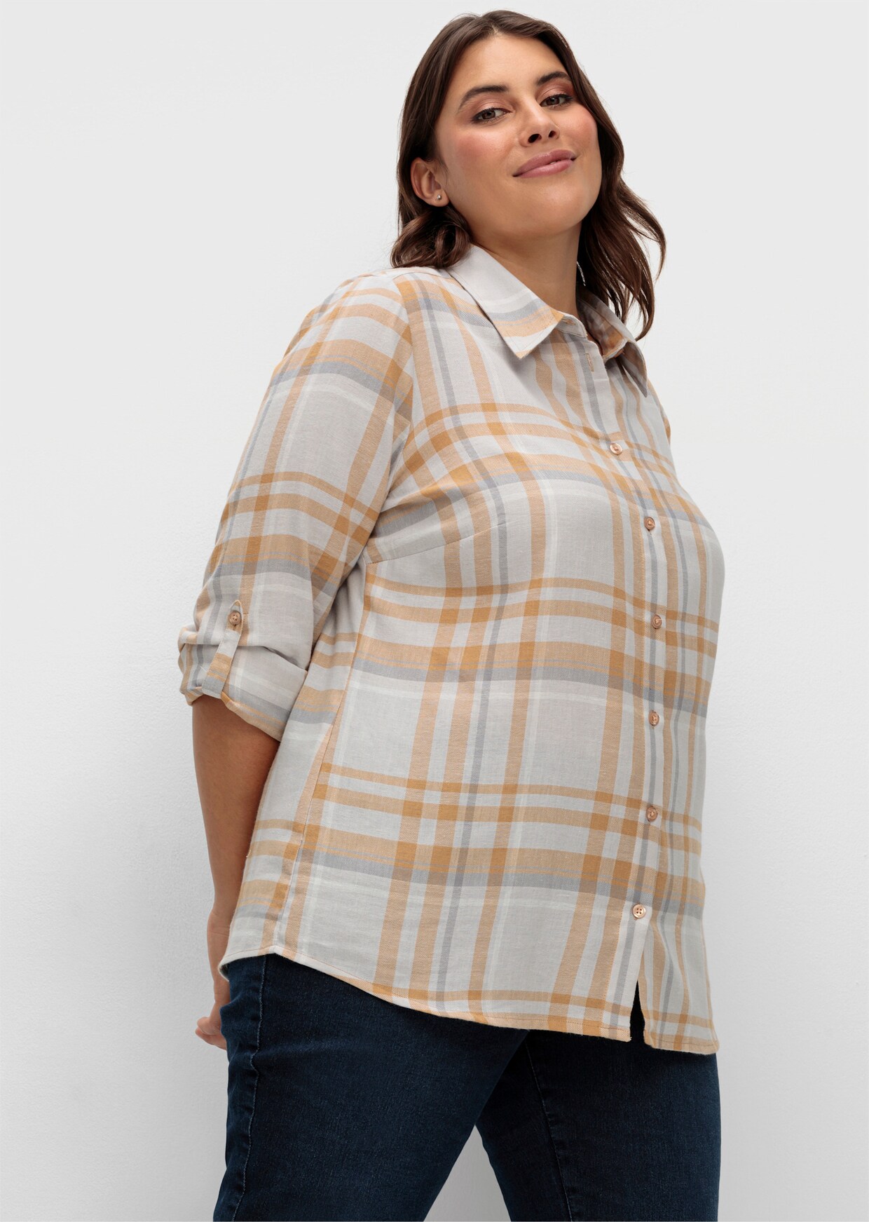 Flanellbluse mit krempelbaren Ärmeln - steingrau-camel-kariert