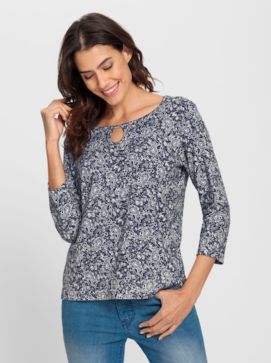 Print-Shirt mit Ausschnitt mit Schlitz - marine-bedruckt