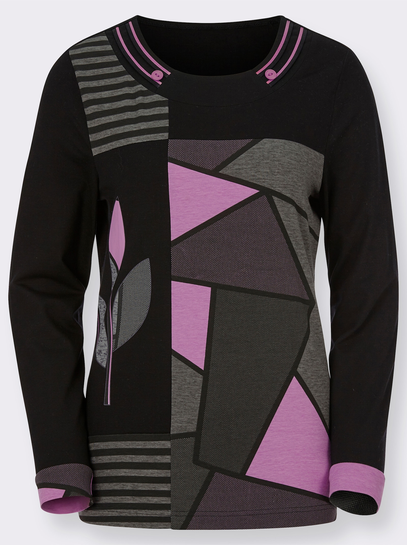 Rundhalsshirt im Patch-Dessin - schwarz-orchidee-gemustert