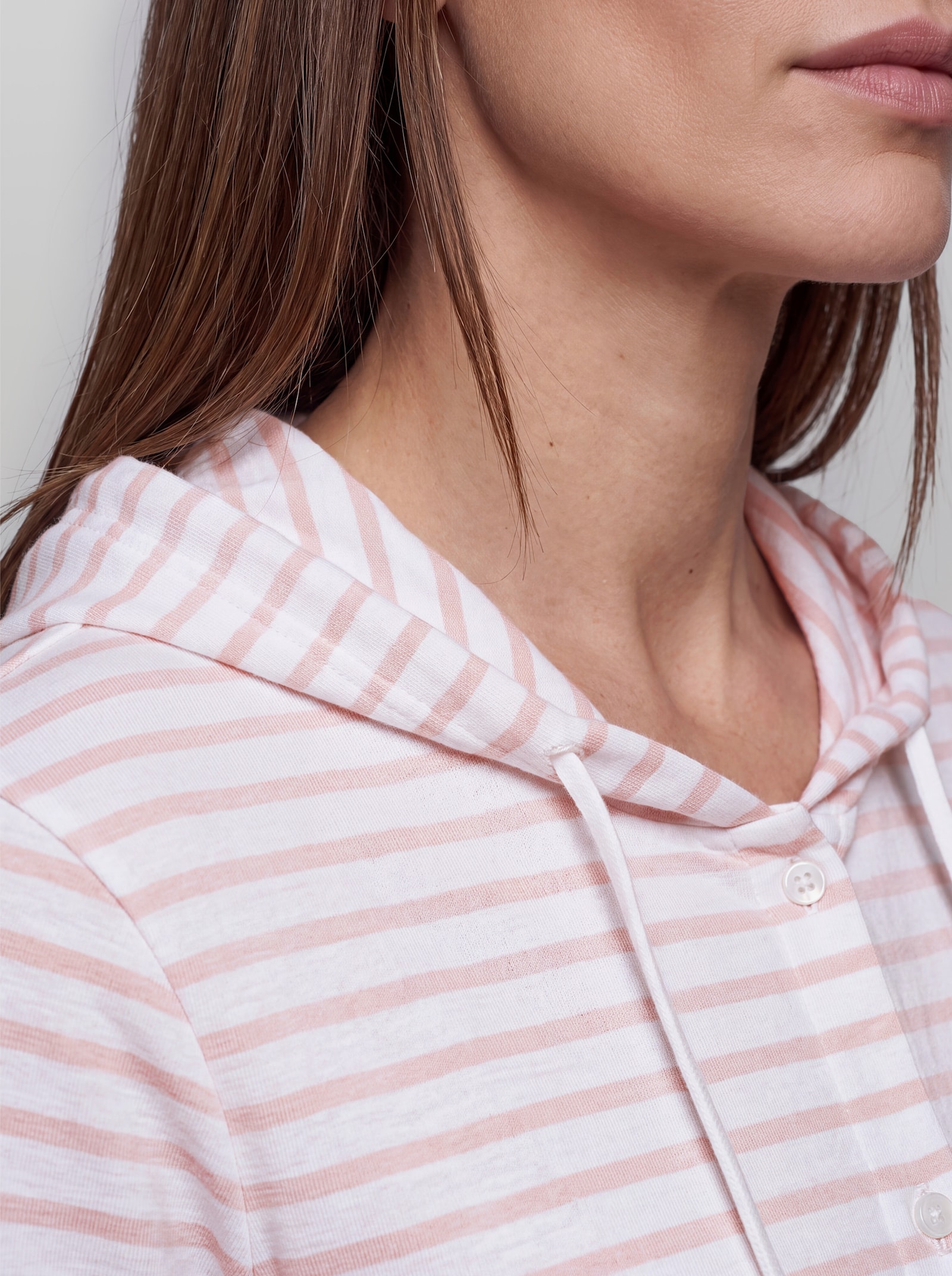 heine Streifenshirt mit Kapuze - weiß-hellrosé-geringelt