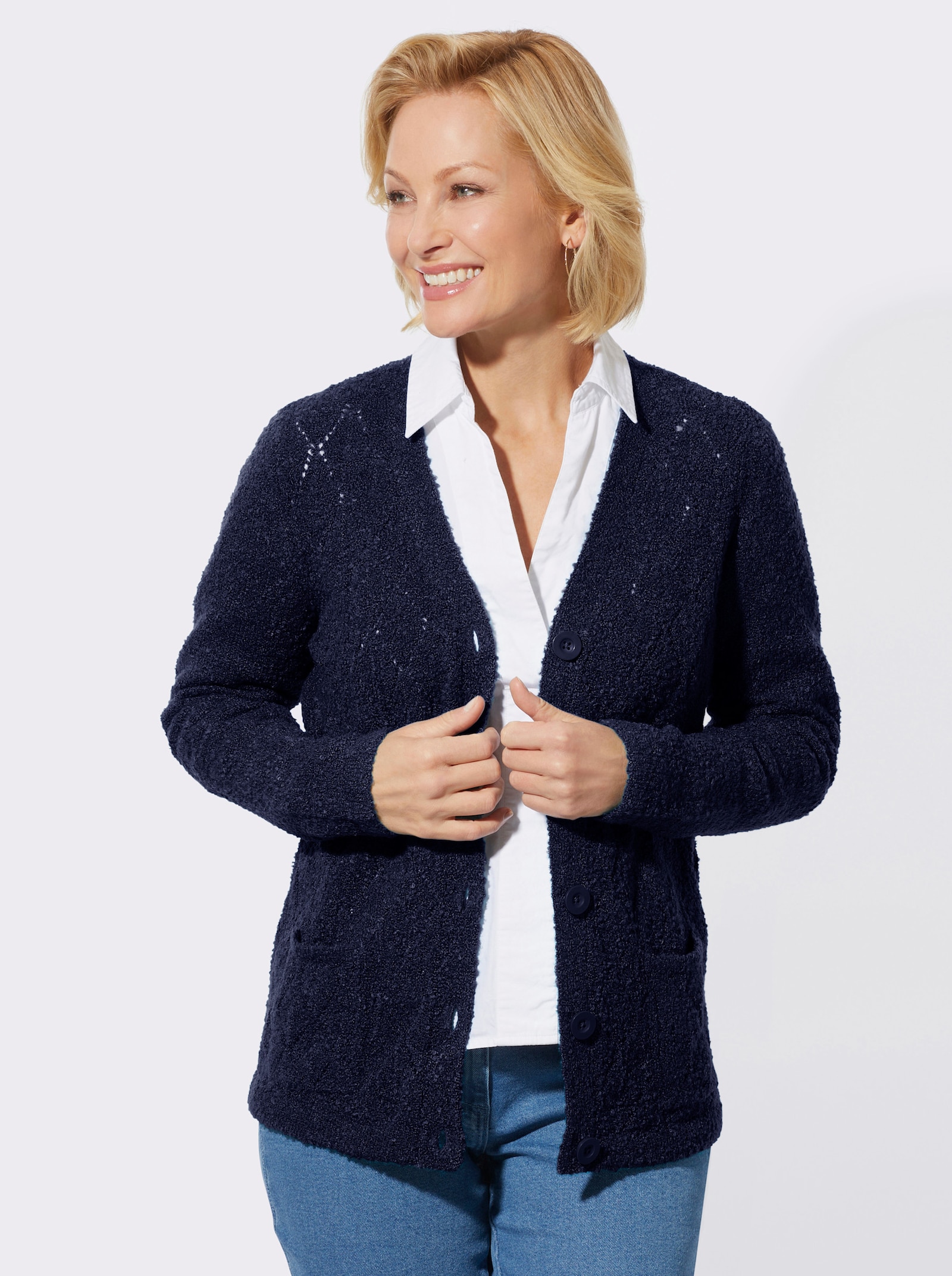 Strickjacke in Bouclé-Optik - marine-meliert