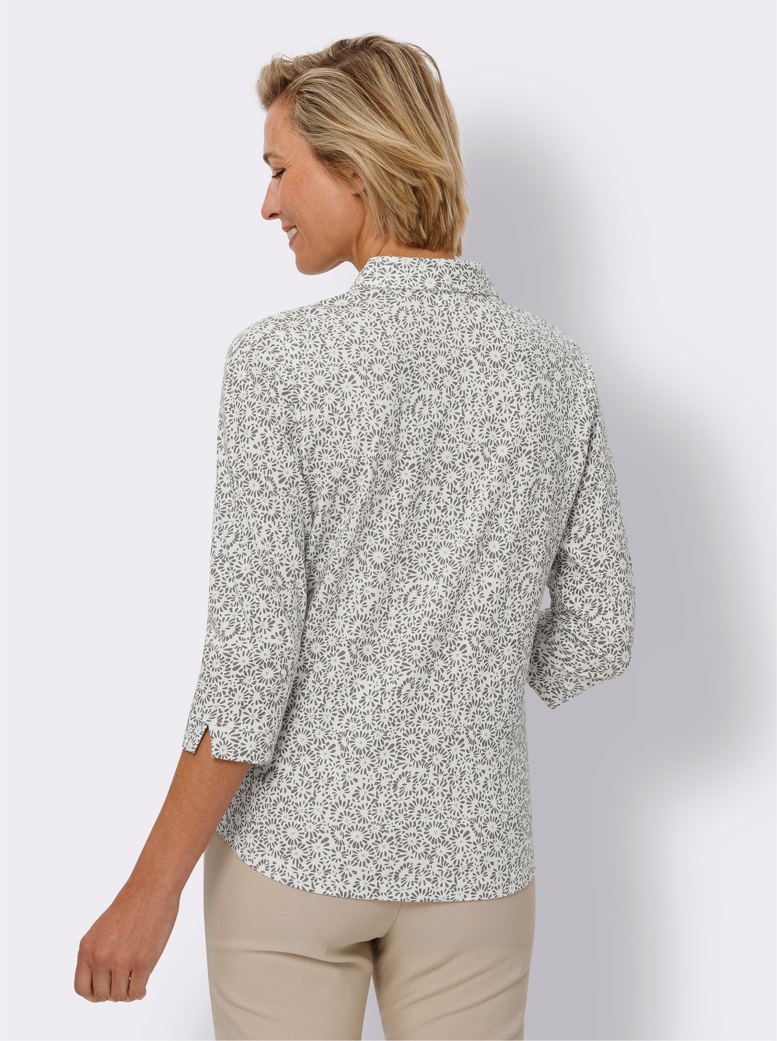 Halenka s potiskem a prošívanými sámky vpředu - ecru-šedá-potisk