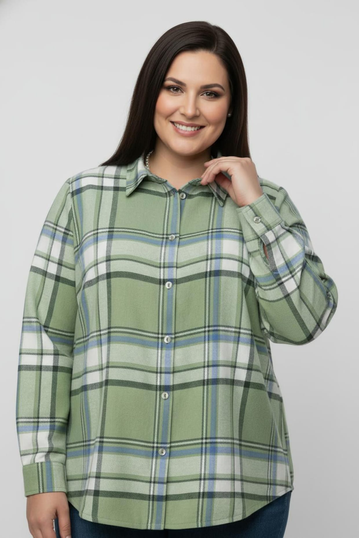 Flanellbluse im Karo-Muster - eucalyptus-mittelblau-kariert