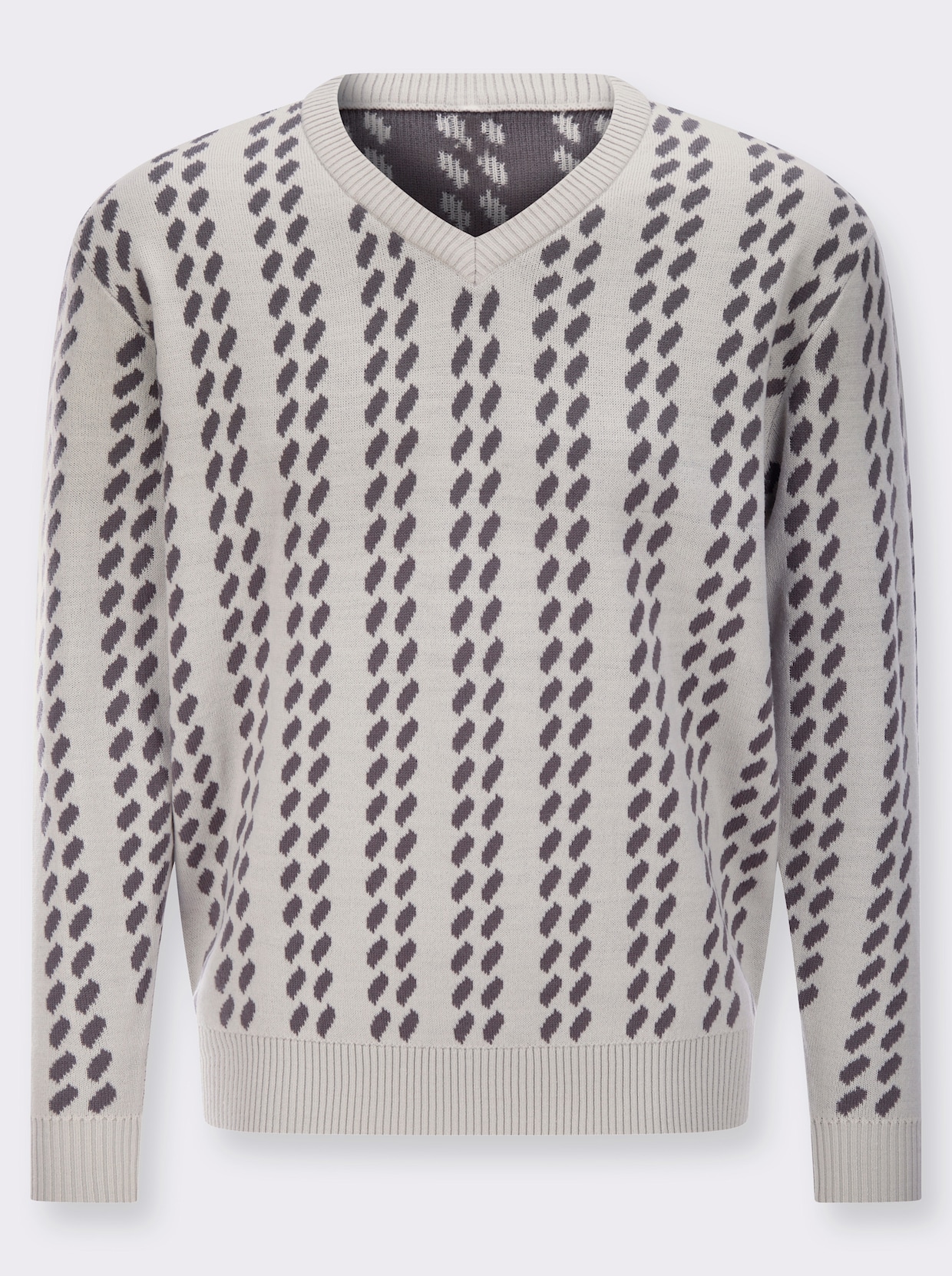 Svetr s výstřihem do V s grafickým pleteným vzorem - světlešedá-antracitová