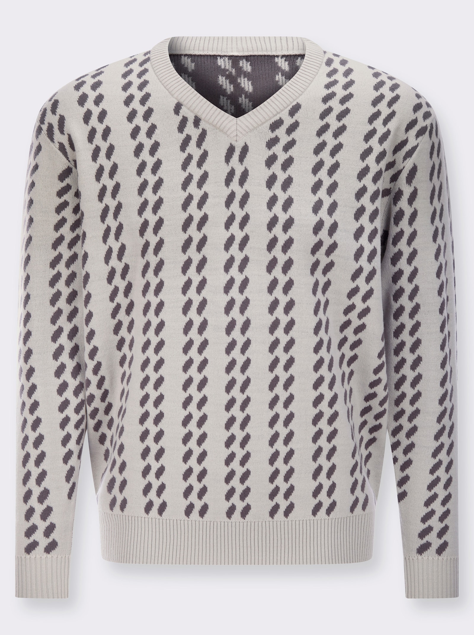 Svetr s výstřihem do V s grafickým pleteným vzorem - světlešedá-antracitová