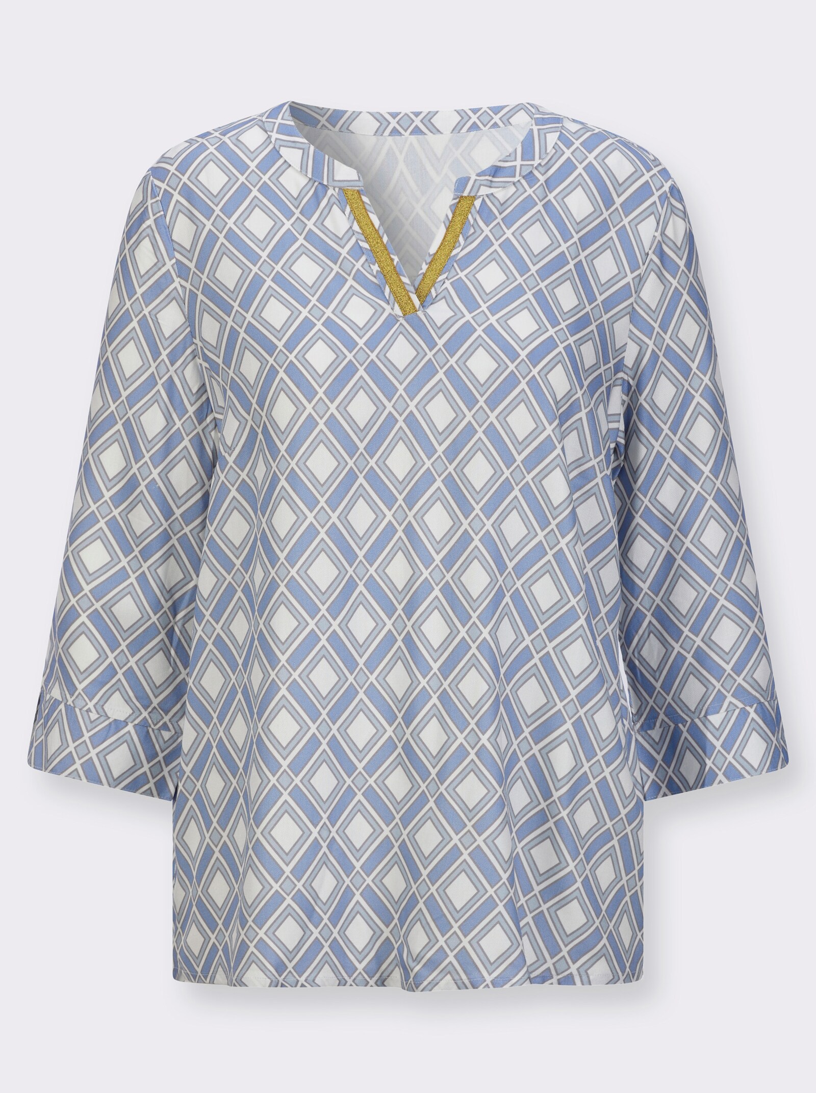 Schlupfbluse mit Kellerfalte hinten - himmelblau-ecru-bedruckt