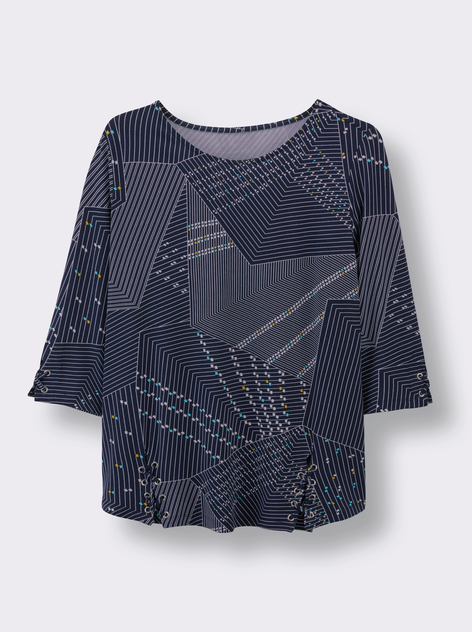 Print-Shirt mit Seitenschlitzen - marine-weiß-bedruckt