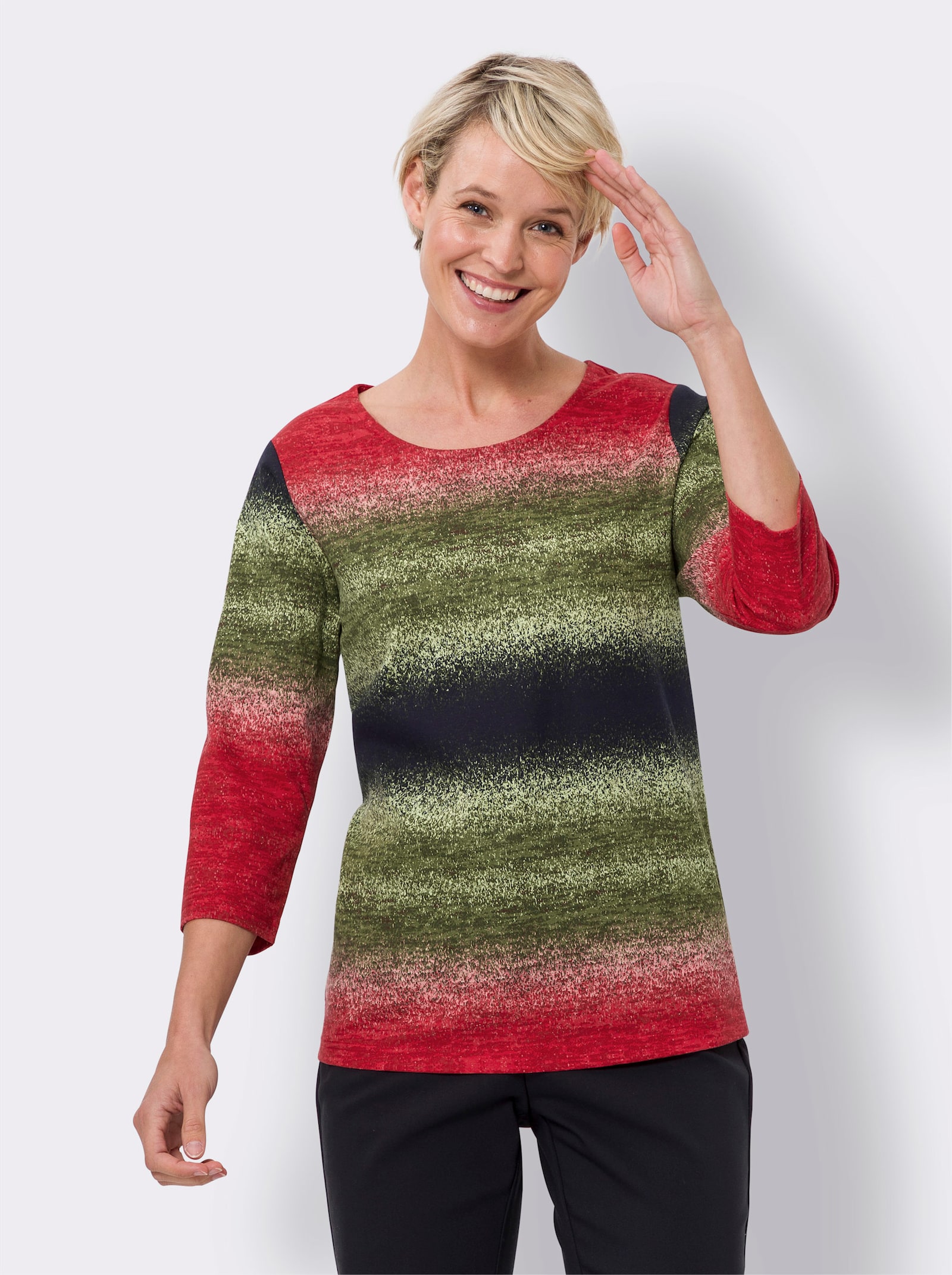 Tričko s 3/4 rukávmi a farebným prechodom - jahod.-oliv. potlač