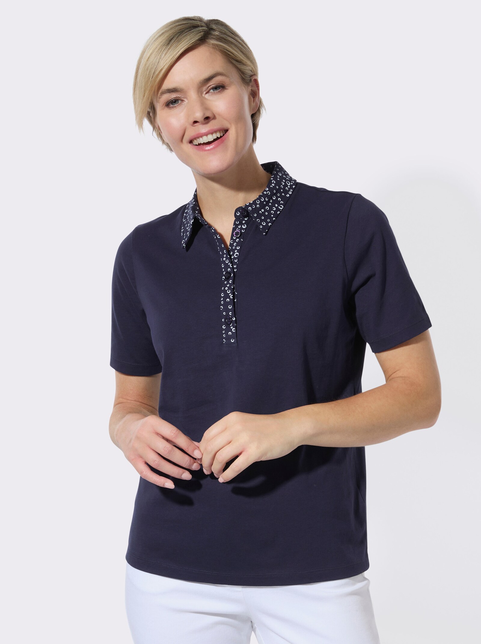 Poloshirt mit bedrucktem Kragen - marine-weiß-getupft + marine