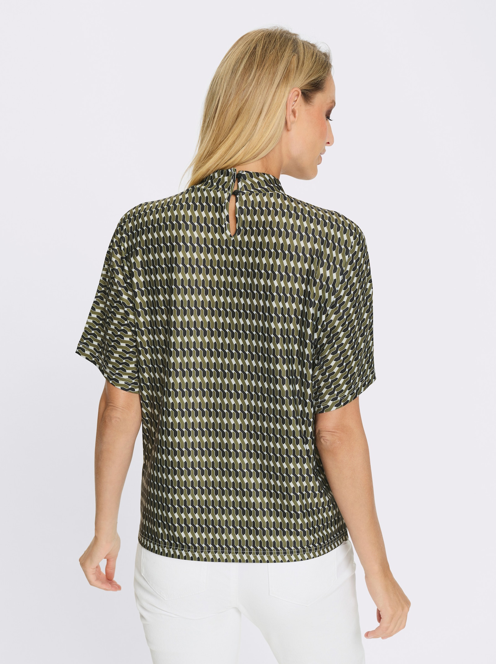 heine Blusenshirt Ausschnitt mit Kräuselung - oliv-schwarz-bedruckt