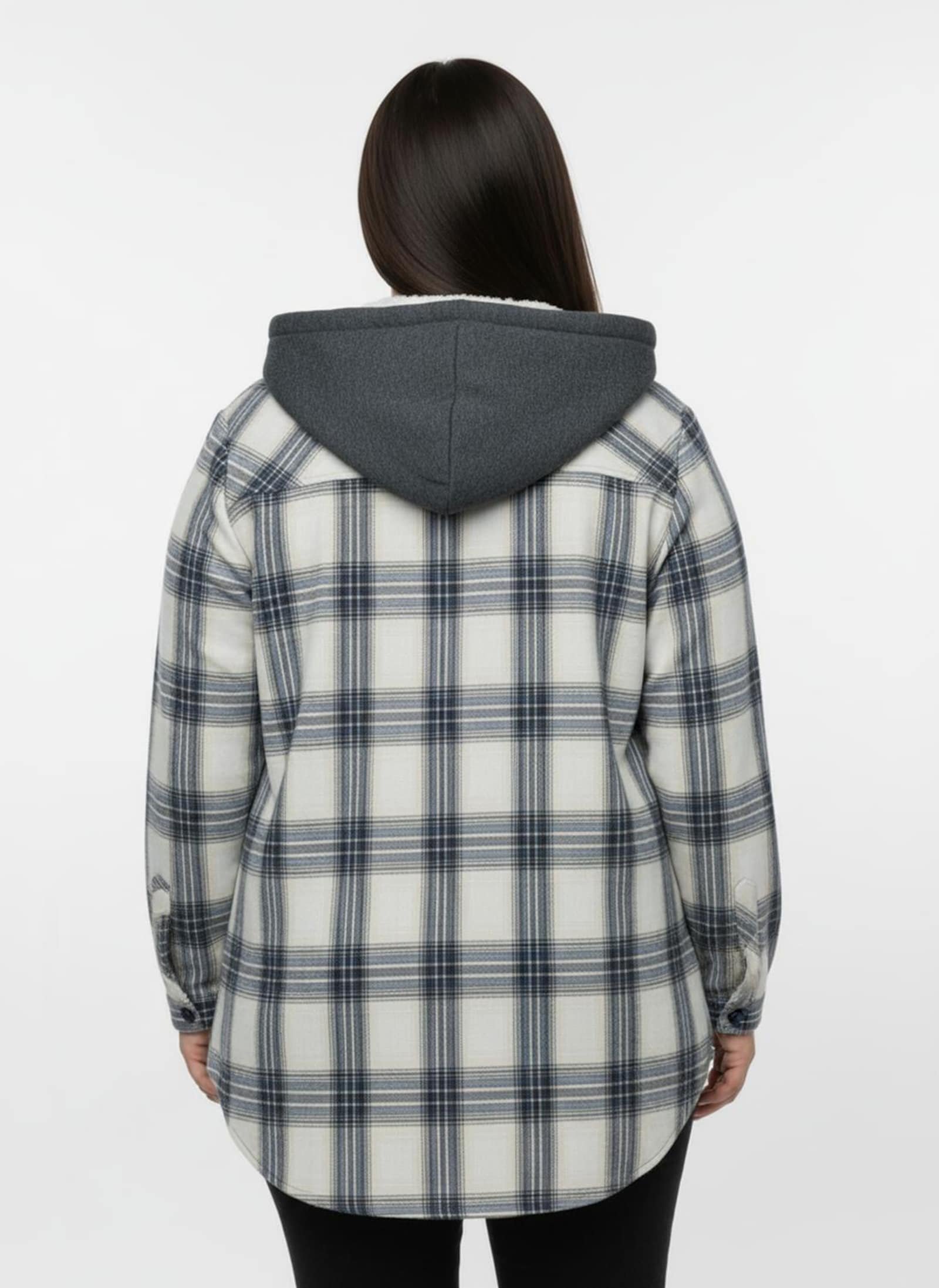 Flanellbluse mit Kapuze - weiß-dunkelblau-kariert