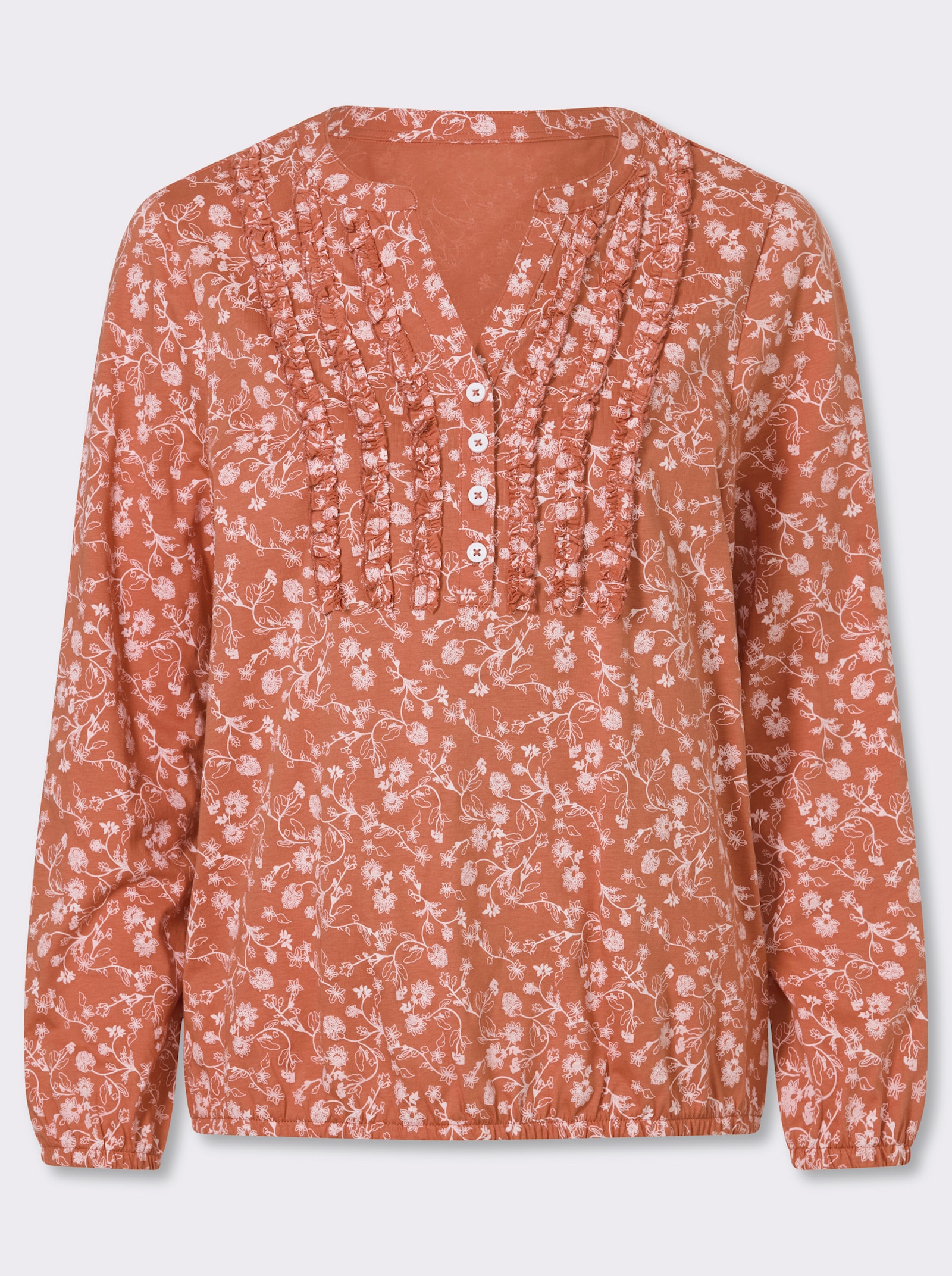 Langarmshirt mit Rüschen am Ausschnitt - papaya-ecru-bedruckt