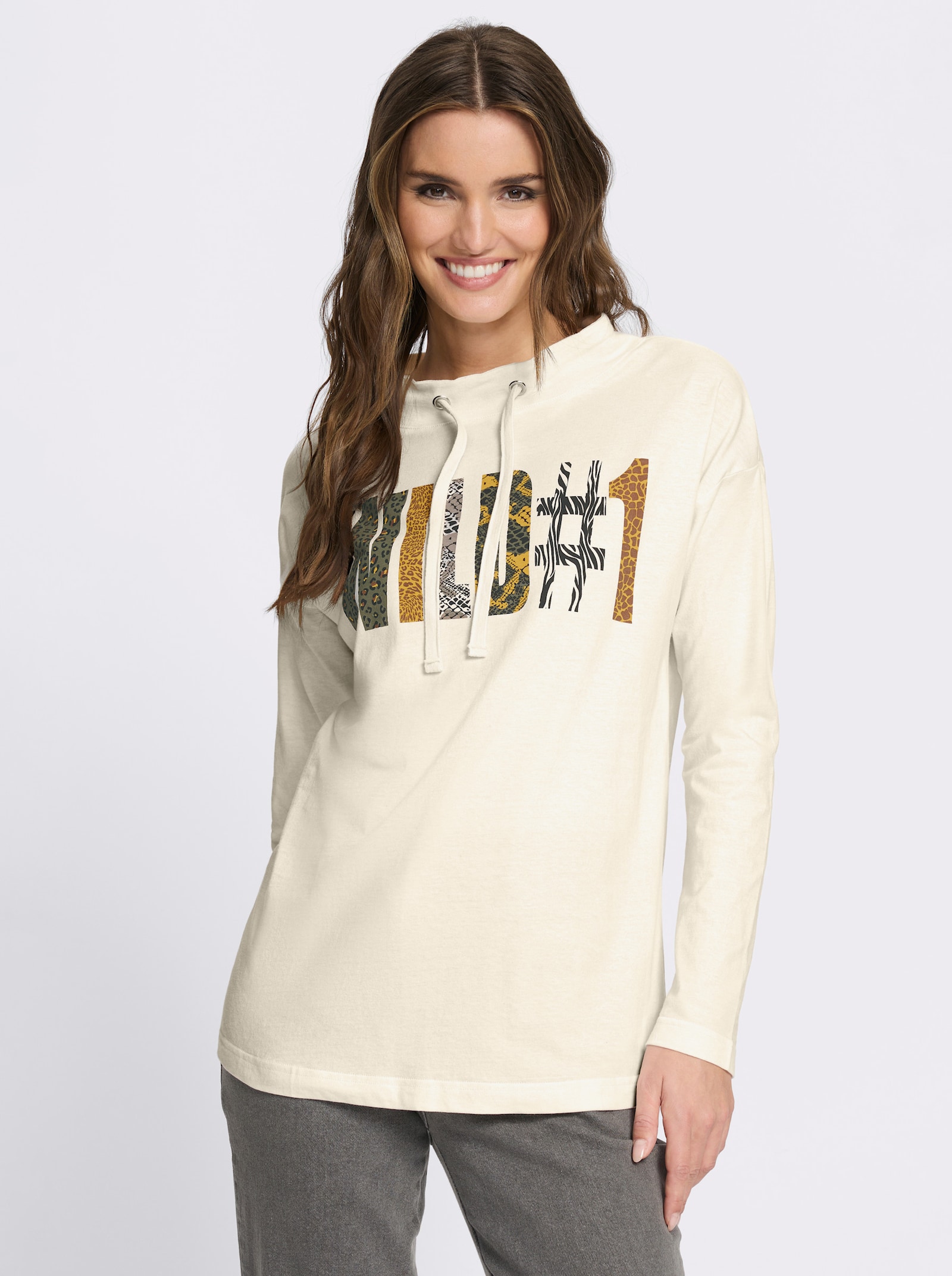 Stehkragenshirt mit platziertem Schriftzug - champagner-khaki-bedruckt