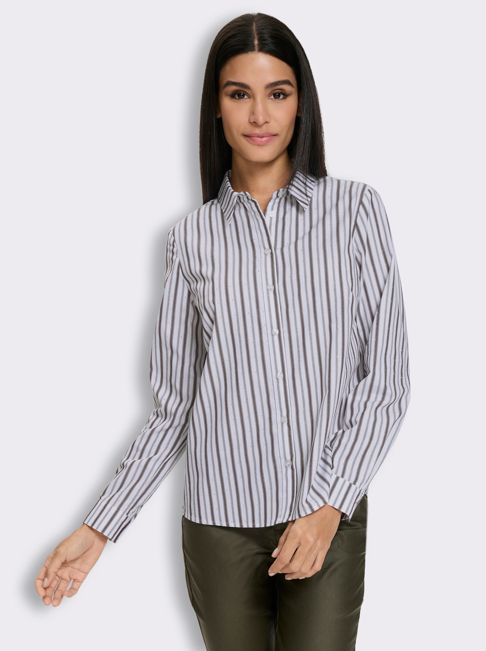 heine Gestreifte Bluse mit Glitzersteinchen - ecru-schoko-gestreift