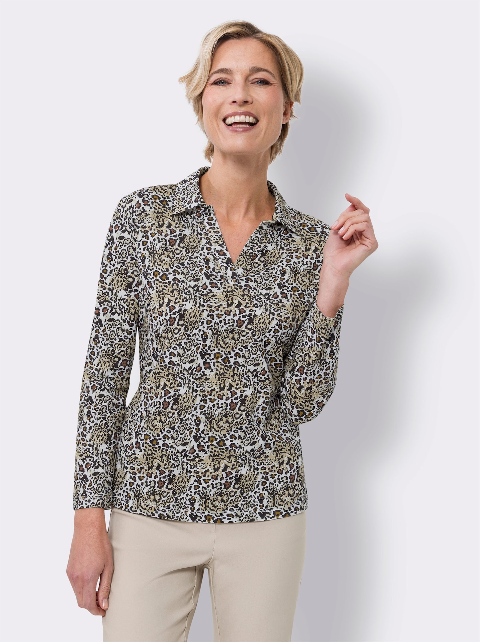 Poloshirt met luipaardprint - ecru/camel bedrukt