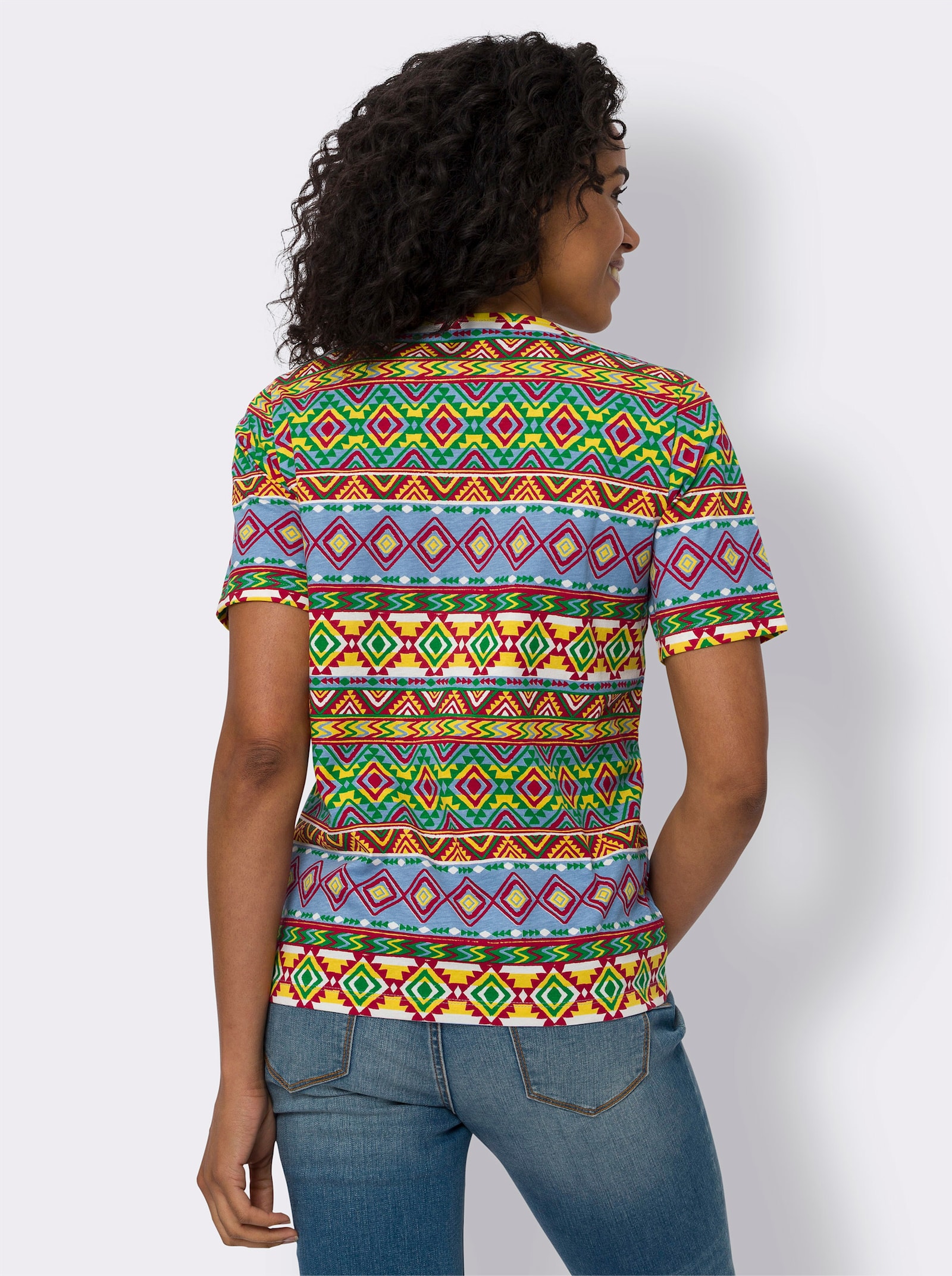 Kurzarmshirt mit Ethno-Muster, Baumwolle - erdbeere-sonnengelb-bedruckt