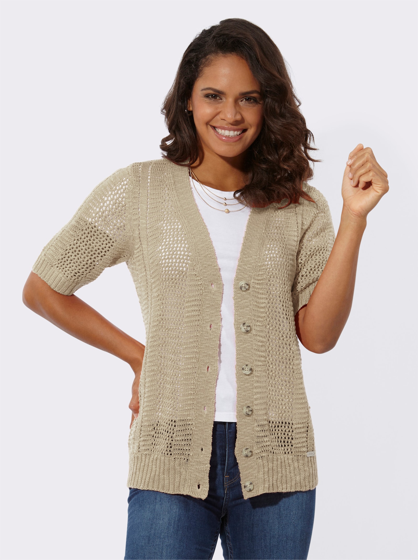 Ajourstrickjacke mit kurzen Ärmeln - sand