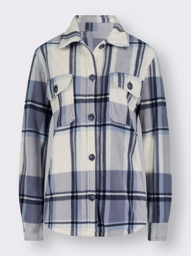 Fleecejacke mit Knöpfen in Horn-Optik - champagner-taubenblau-kariert