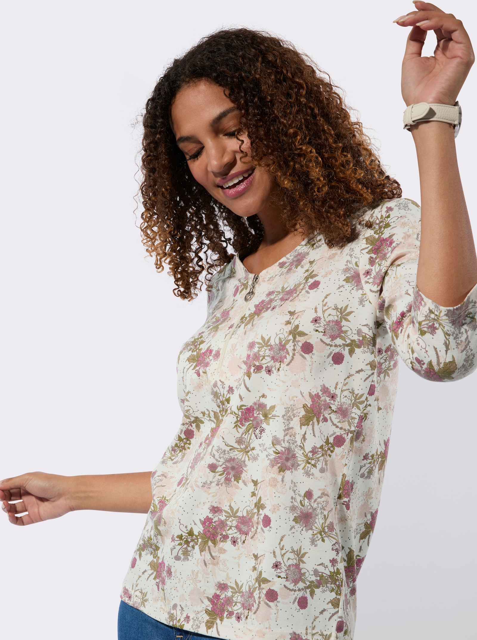 Shirt met 3/4-mouw - champagne/hortensia bedrukt