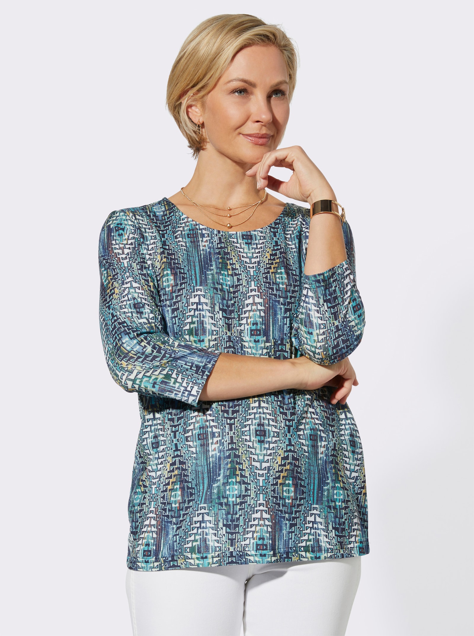 Tričko s kulatým výstřihem s 3/4 rukávy, snadná údržba - královská modrá-potisk