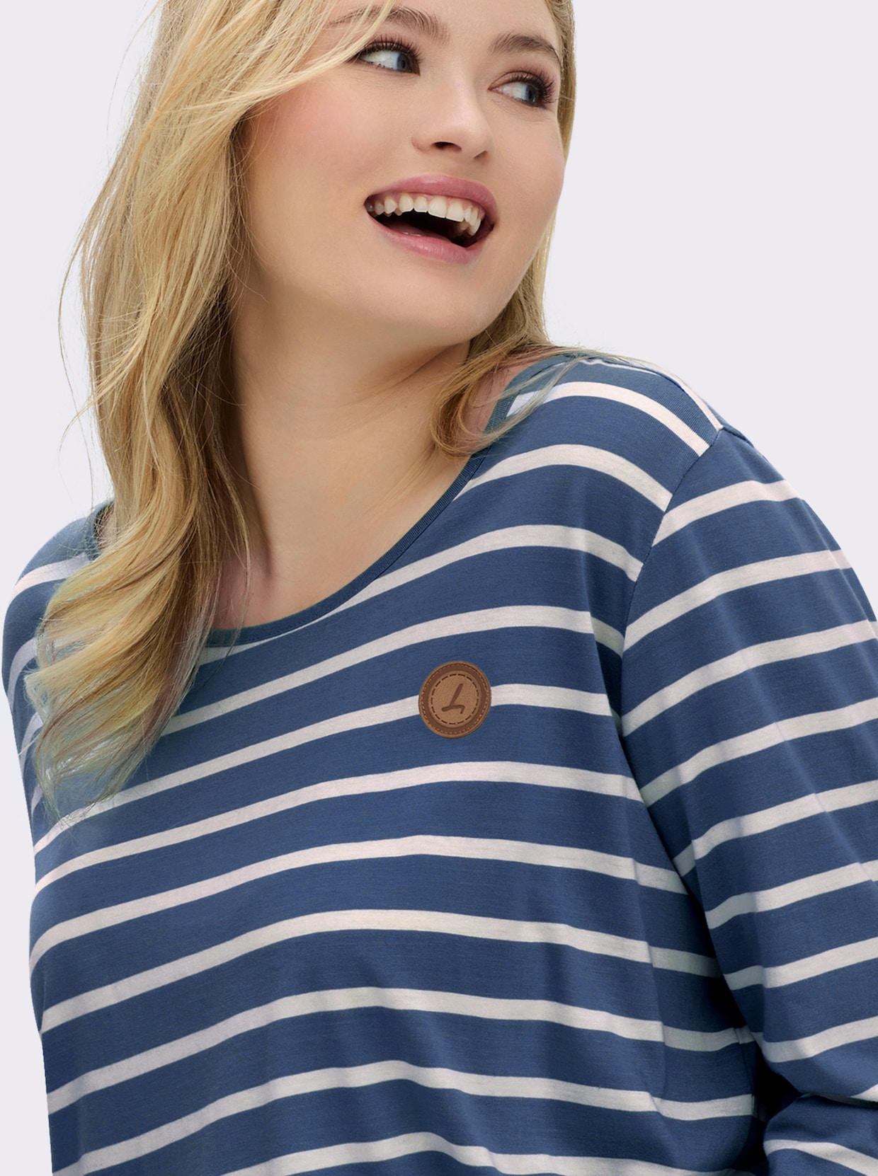 Ringelshirt mit Lederimitat-Patches - jeansblau-ecru-gestreift