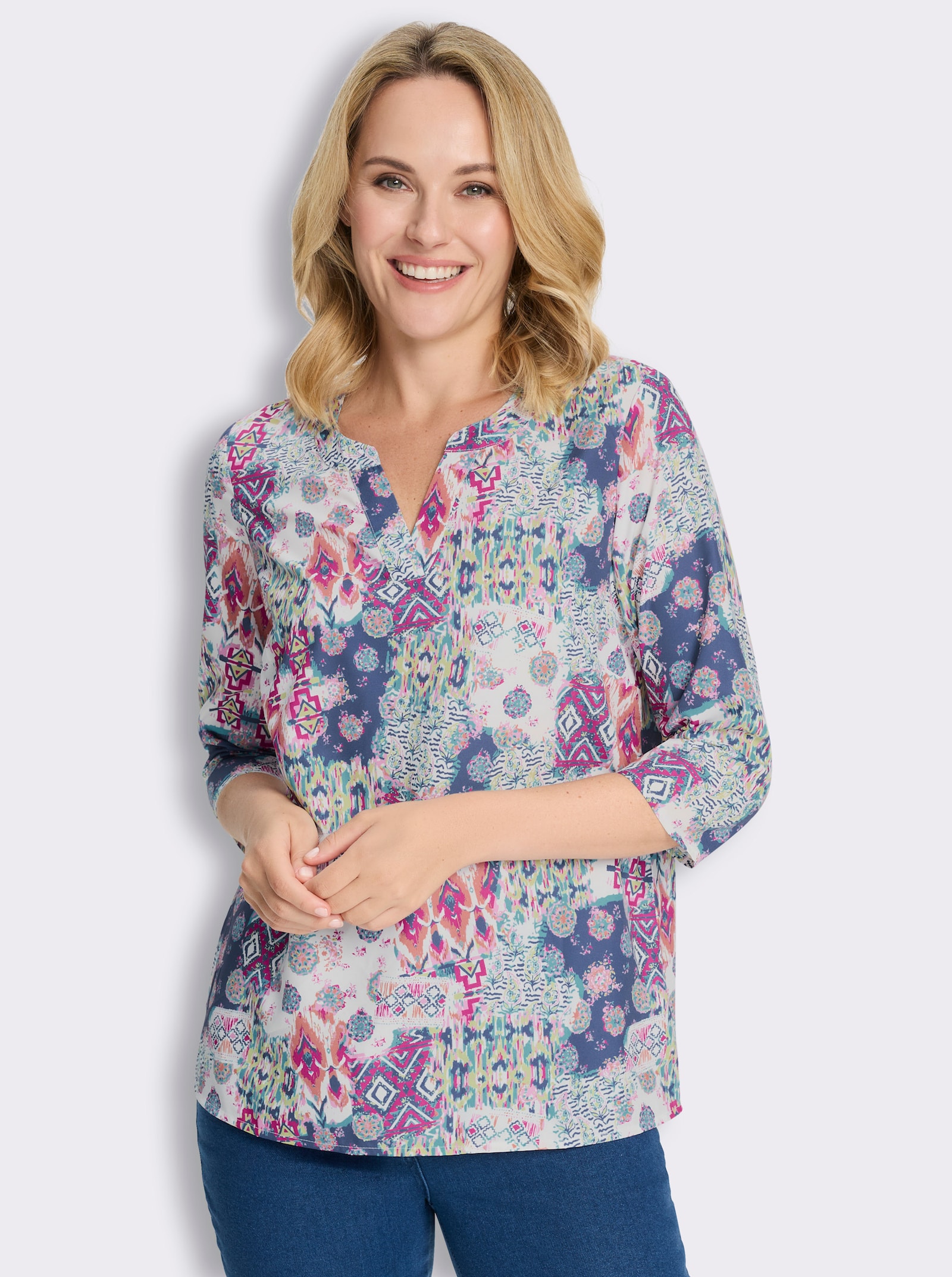 Schlupfbluse mit Patchwork-Muster - jeansblau-magenta-bedruckt
