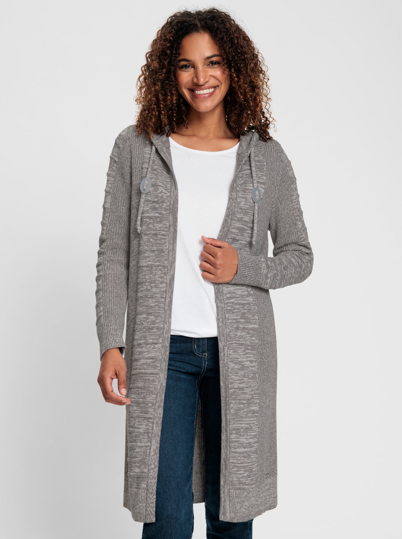 Longstrickjacke im Strukturmuster-Mix - steingrau-weiss-meliert