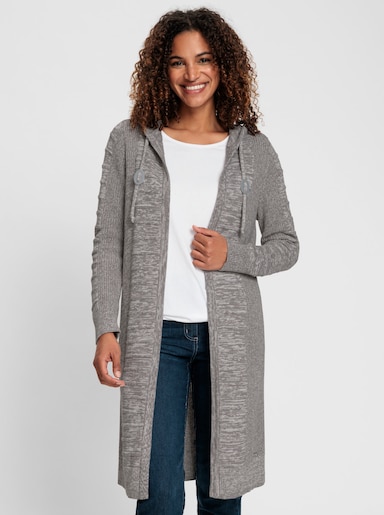 Longstrickjacke - steingrau-weiß-meliert