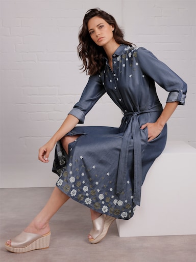 CREATION L PREMIUM Webkleid mit Blüten-Stickerei - blue-stone-washed