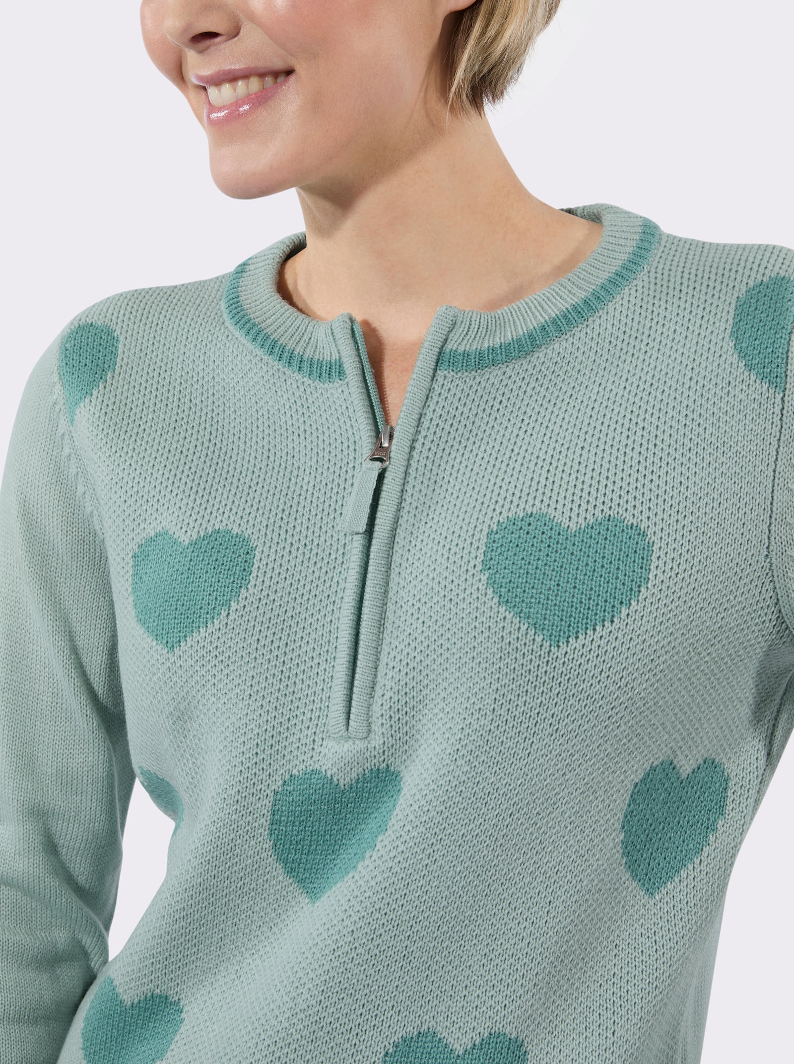 Langarm-Pullover mit Herz-Muster - kalkmint-ozean-gemustert