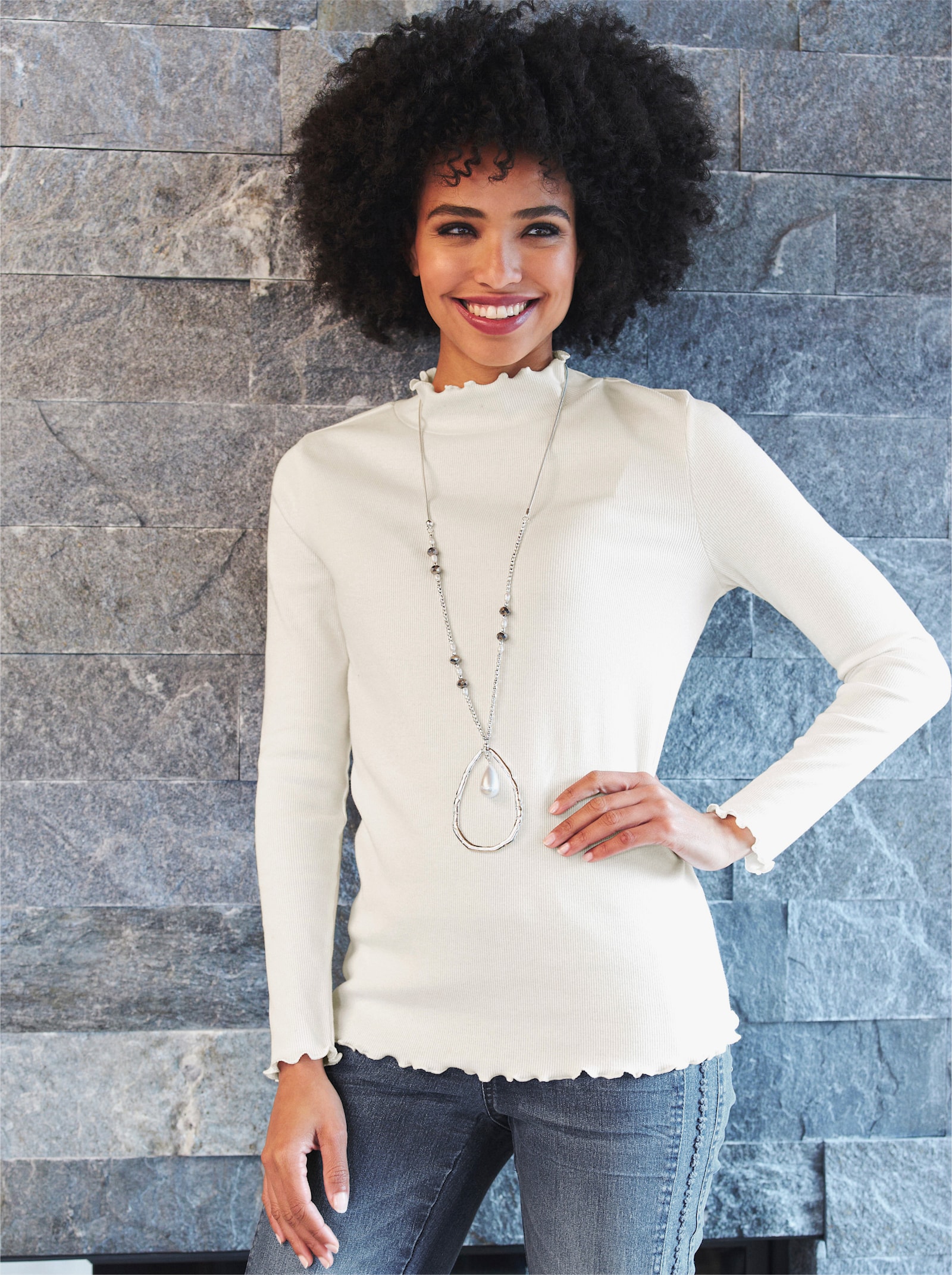 heine Langarmshirt mit Wellenkanten - ecru