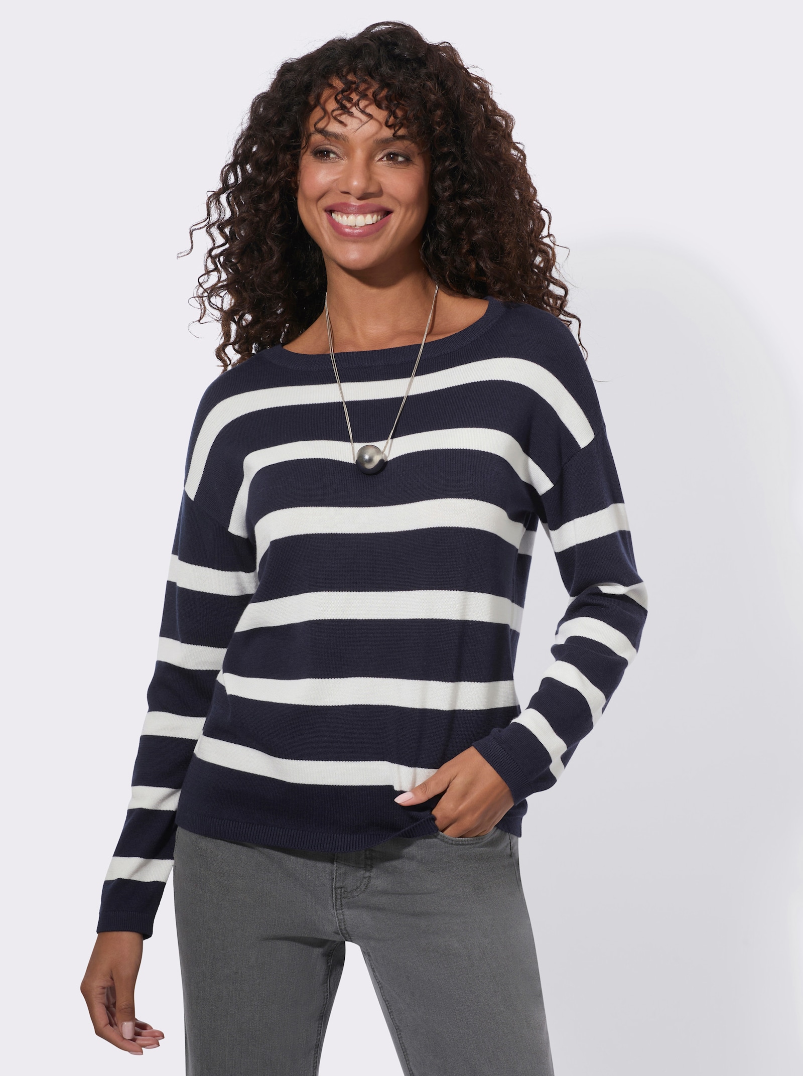Feinstrickpullover mit U-Boot-Ausschnitt - marine-ecru-geringelt