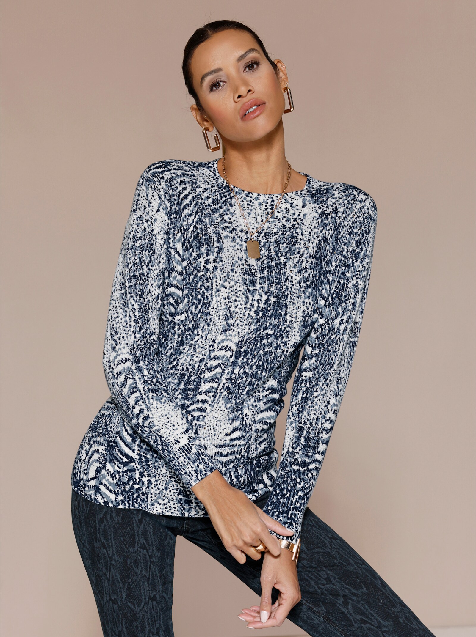 Langarm-Pullover mit Allover-Print - marine-ecru-bedruckt