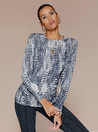 Langarm-Pullover mit Allover-Print - marine-ecru-bedruckt