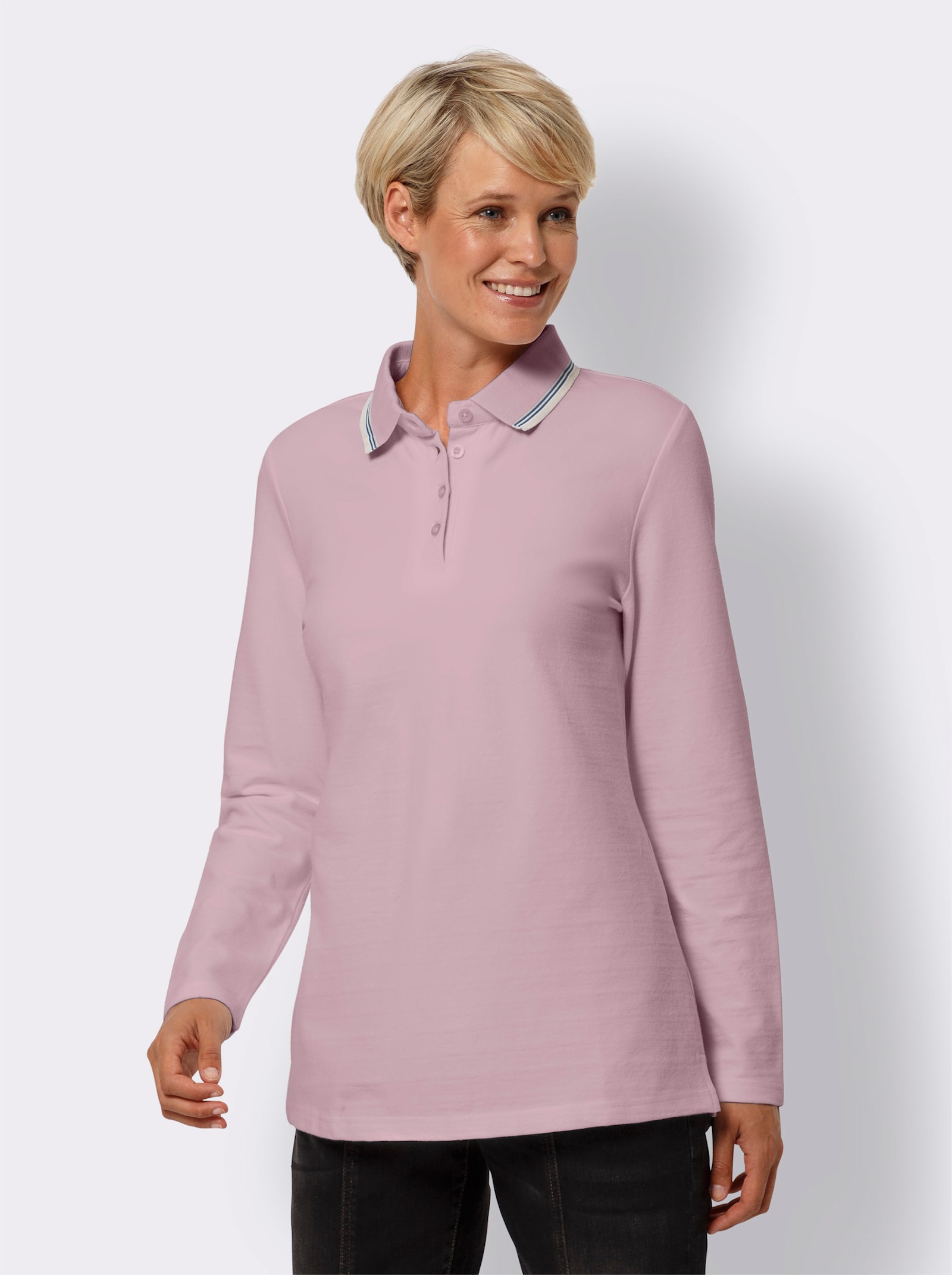 Langarm-Poloshirt in Pikee-Qualität - rosé