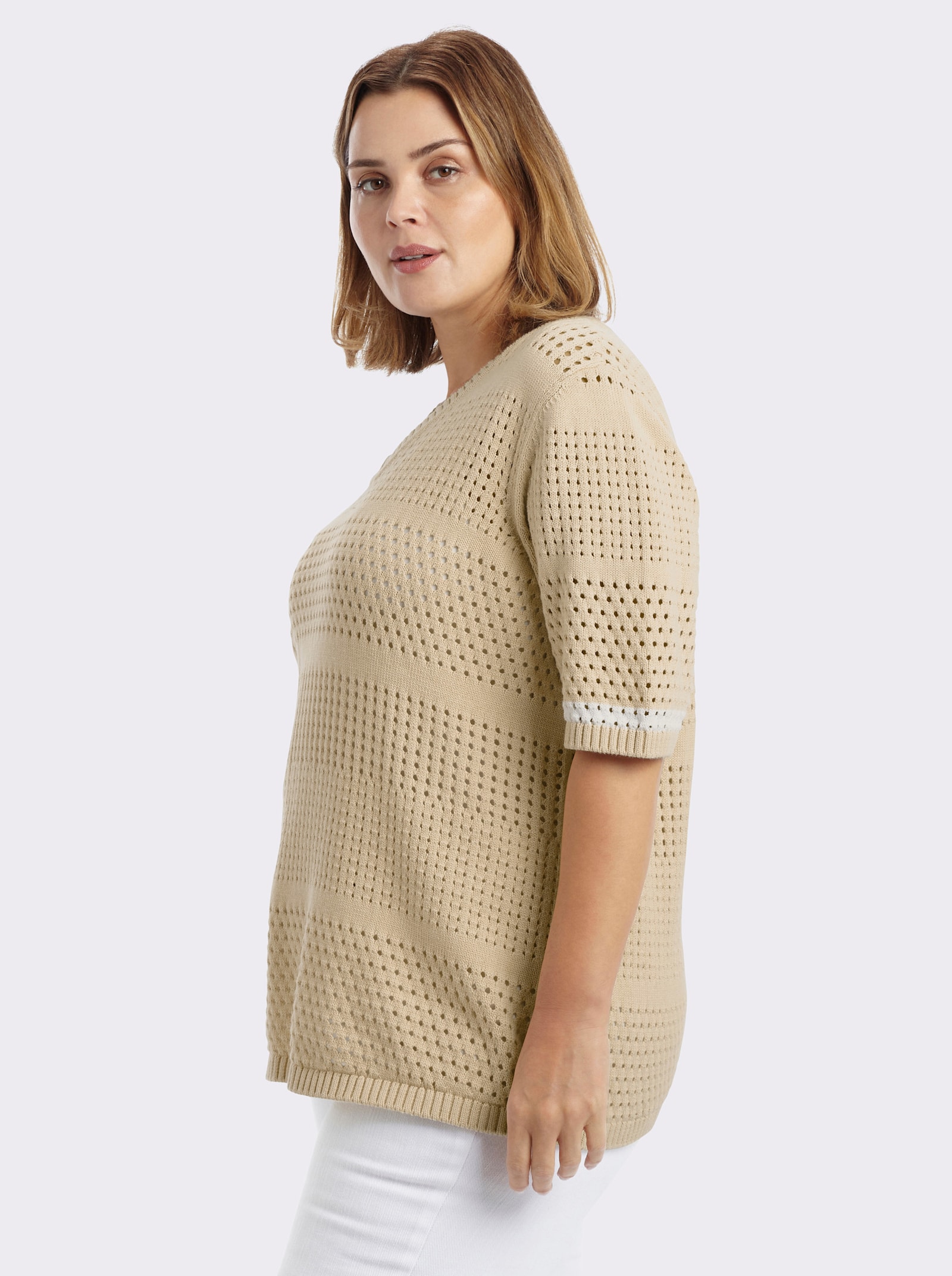 sheego Strickpullover mit Kontraststreifen an den Halbarmen - sand