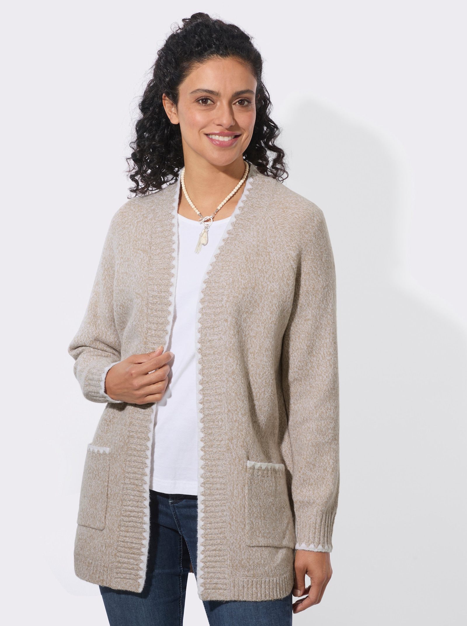Longstrickjacke in Melange-Garn - sesam-meliert