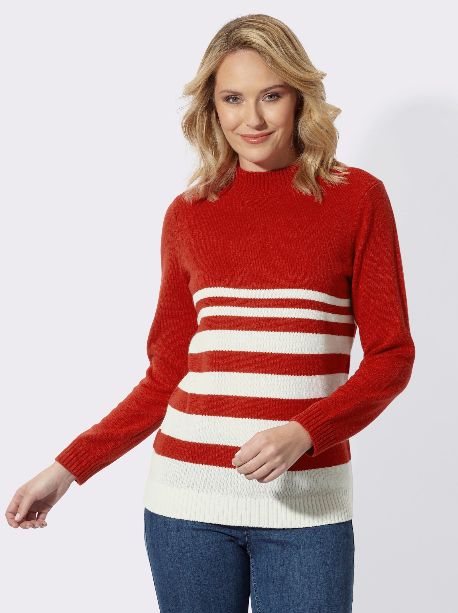 Stehkragenpullover mit Streifenmuster - rot-champagner-geringelt